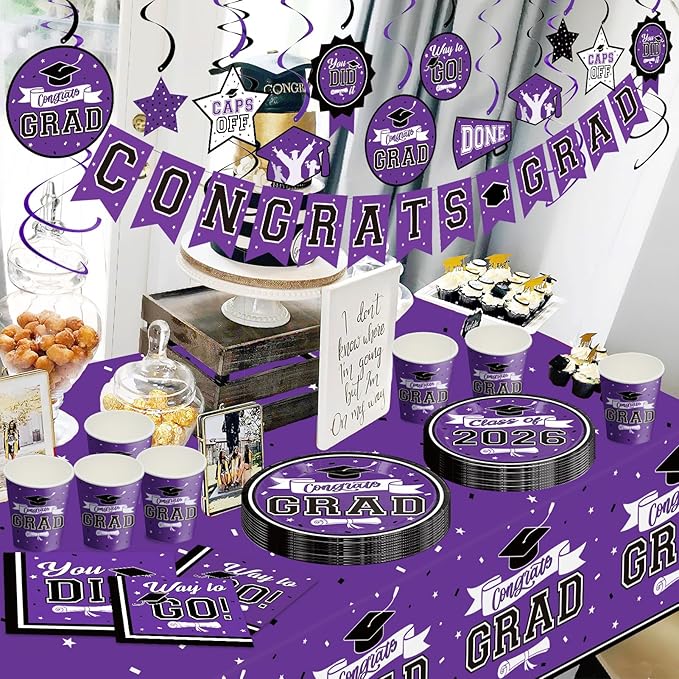 DAZONGE Graduation Decorations Class of 2026 Purple, 265pcs Disposable 2026 Graduation Party Decorations Tableware Set, Grad Party Supplies for 50 Guests, Congrats Grad Banner and Hanging Swirls