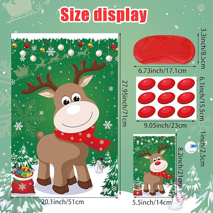 Pin The Nose on The Reindeer with 54PCS Red Nose for Kids Family Pin The Nose on The Reindeer Games, Large Christmas Reindeer Poster Games for Kids Christmas Party Games