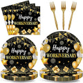 96Pcs Happy Work Anniversary Party Supplies Black Gold Happy Workiversary Tableware Dinnerware Set Worker Appreciation Plates Napkins Decorations for Women Men Office Employee Worker