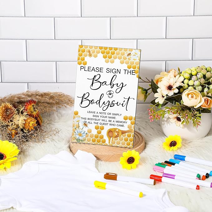 Qunclay 12 Pcs Baby Shower Game Decor with White Unisex Bodysuit Wooden Sign Tabletop Decor and Marker for Guests(Bee)