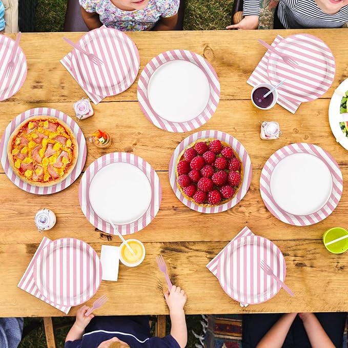 96Pcs Pink Striped Party Supplies Pink and White Stripe Plates and Napkins Disposable Pastel Striped Carnival Decoration Favors for Girls Birthday Wedding Bridal Baby Shower Summer BBQ Party Serves 24