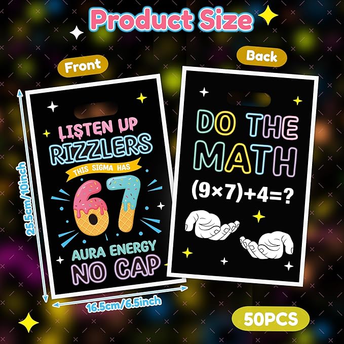6 7 Meme Party Favor Bag 50Pcs Funny 6 7 Birthday Goody Candy Treat Gift Bags, Six Seven Number Ice Cream Theme Party Decorations for Kids Six Seven Birthday Holiday Party Supplies