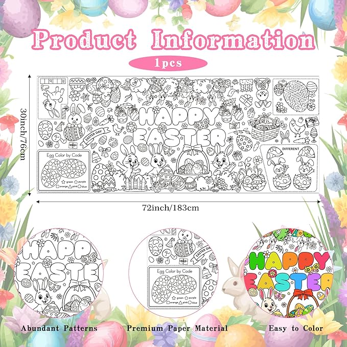 Easter Coloring Tablecloth/Poster, Easter Crafts for Kids, 72" x 30" Giant Paper Coloring Table Cloth Banner for Gifts Games Activities Party Decorations, Fun DIY Art Easter Party Supplies for Family