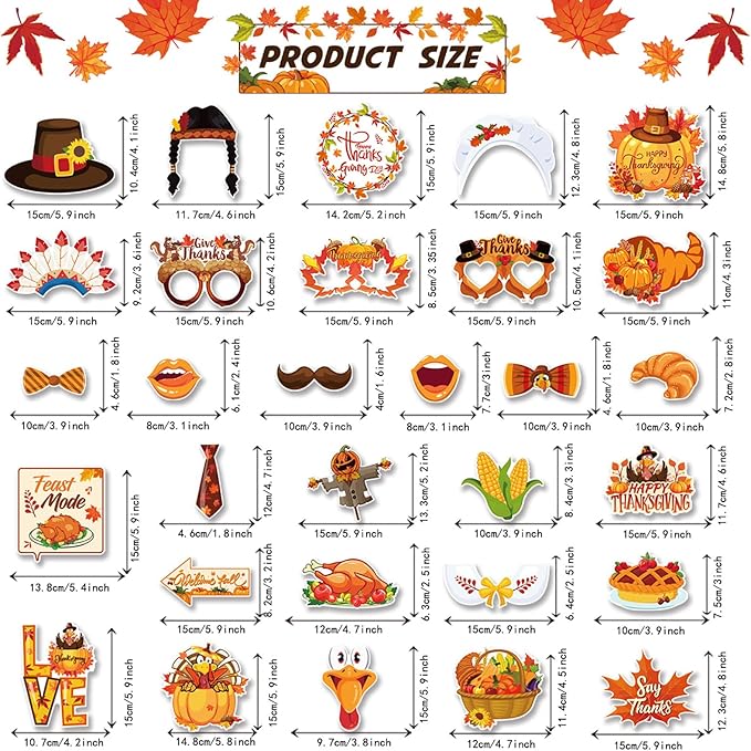 30 pcs Thanksgiving Photo Booth Props Funny Turkey Day Kits DIY Selfie Props with Stick for Fall Thanksgiving Day Party Decoration Favors
