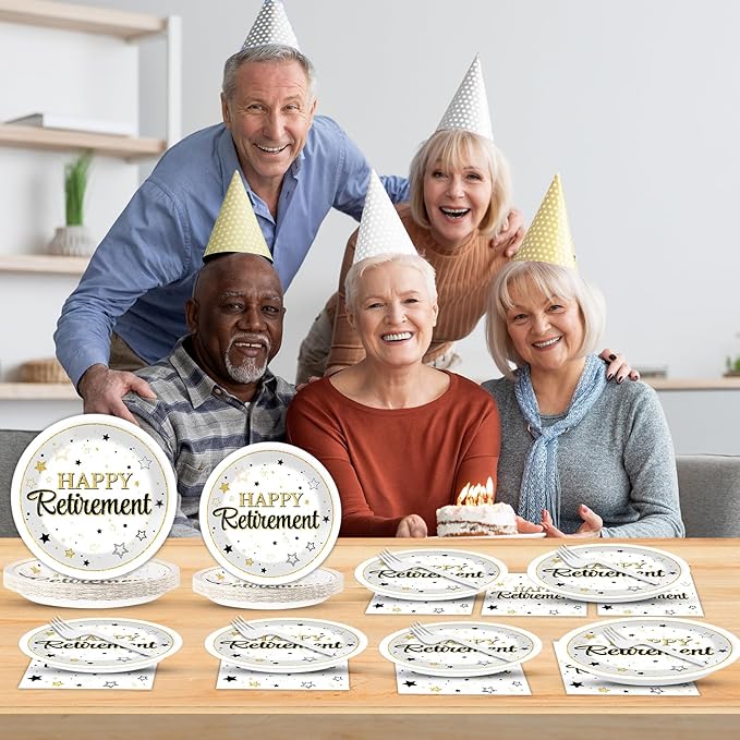 Qyeahkj 200PCS Retirement Party Supplies Happy Retirements Paper Plates Napkins Tableware Set White and Gold Disposable Dinnerware Retired Theme Decoration Favors for Women Men, Serve 50 Guests