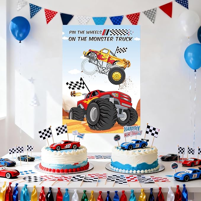 WNINK Pin The Wheels On The Monster Truck Games, Pin The Tail Game Truck Birthday Game with 32 Tyres Stickers, 2 Blindfolds for Car Theme Birthday Party Gifts