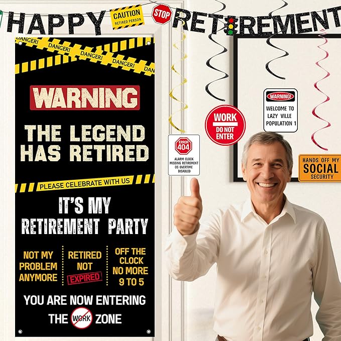 Roetyce Retirement Decorations Men Women, Caution Logos Happy Retirement Banner Balloons Hanging Swirls Kit, Funny Legend Retired Party Supplies Backdrop for Coworker Family, Retired Door Wall Signs
