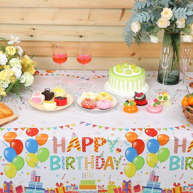 4 Pcs Happy Birthday Tablecloth 54'' x 108'' Disposable Birthday Table Cover Plastic Colorful Balloons for Kid Boy Girl Party Decoration Supplies(White)