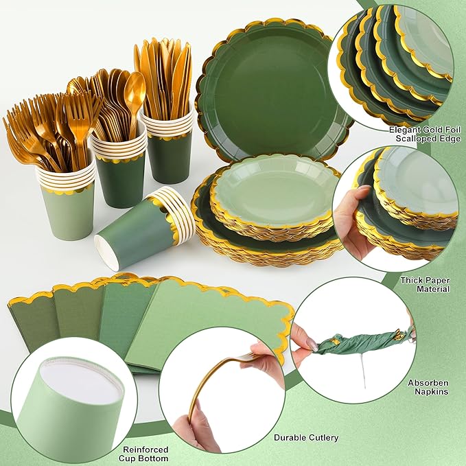 Kochorie 140 PCS Sage Green Party Supplies for 20 Guests Disposable Dinnerware Set Includes Scalloped Plates Napkins Cup Cutlery Tableware Set for Birthday Party Wedding Baby Shower Picnic