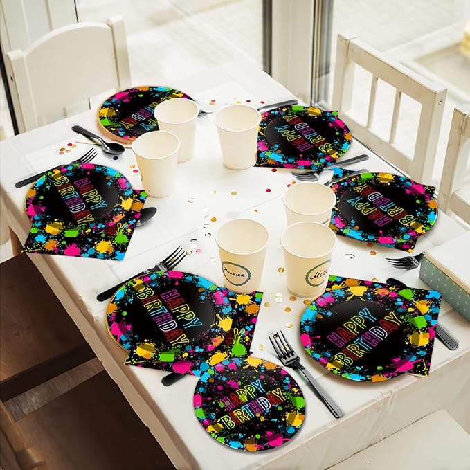 chiazllta 96 Pcs Neon Party Paper Plate and Napkins Neon Birthday Party Decorations Glow in the Dark Birthday Paper Supplies Disposable Glow Tableware for Party Favors 24 Guests