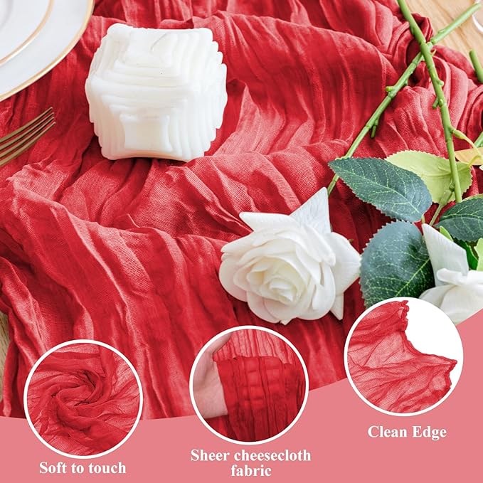Wokceer Cheesecloth Table Runner 3Pack 10FT Red Boho Gauze Christmas Cheese Cloth Table Runner for Party Easter Rustic Sheer Table Runners for Baby Bridal Shower Wedding Table Decor