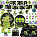 220 Pcs Alien Birthday Party Decorations Tableware Set - Service 25 Guests - Includes Banner, Cake Topper, Balloons, Plates And Napkins Paper Cup - For UFO Theme Party