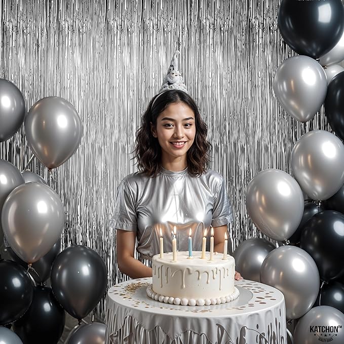 KatchOn, Silver Foil Fringe Curtain - Pack of 2 | Streamers Backdrop for Disco Birthday Decorations | Silver Fringe Backdrop for Graduation Decorations 2026 | Bachelorette Party Decoration