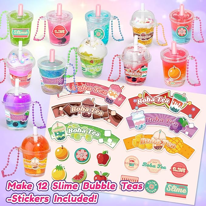 46PCS Slime Boba Tea Making Kit for Girls ages 8-12, DIY Pretend Play Food Toys, Bubble Tea Cups/Bag/Clear Slime/Add-ins, Making Miniature Food, Christmas Party Favors Gift for Kids 6 7 9 10 11