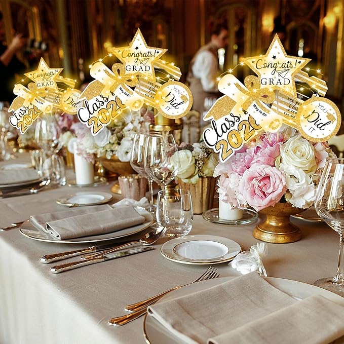OuMuaMua Graduation Decorations Class of 2026-30pcs White and Gold Graduation Table Centerpieces Sticks Table Toppers with Lights for College High School Congrats Grad Party Supplies