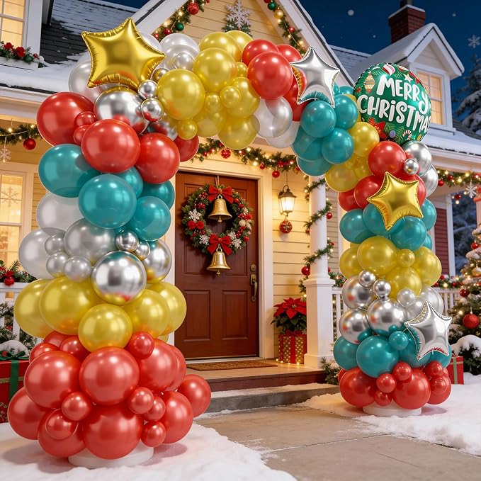 Christmas Balloon Arch Kit, Pearl Red Teal Blue Gold Silver Balloons Garland Arch with Metallic Silver Balloons, Round Garland Santa Claus Stars foil Balloon for Christmas New Year Party Decorations