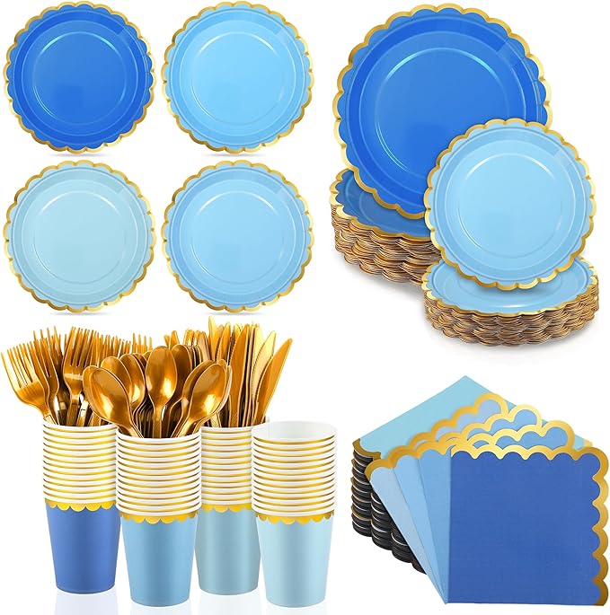 Kochorie 140 PCS Blue Party Supplies for 20 Guests Disposable Dinnerware Set Includes Scalloped Plates Napkins Cup Cutlery Tableware Set for Birthday Party Wedding Baby Shower Picnic