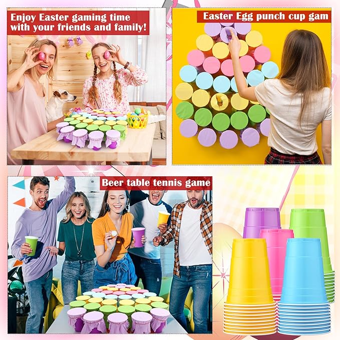 50 Pack Easter Punch Party Game Set Funny Easter Activities Games DIY Prize Punch Box 50 Pcs 16oz Plastic Cup 50 Sheets Tissue Paper 150 Egg Shaped Stickers 100 Rubber Band(Multicolor)