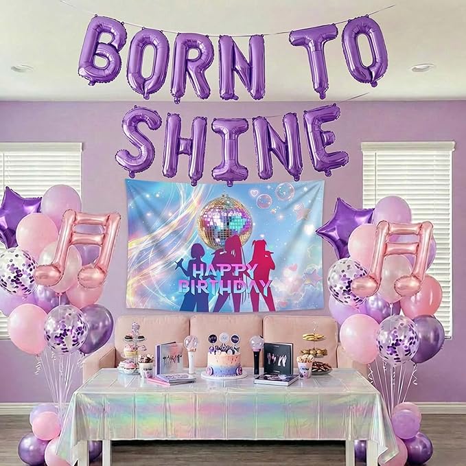Purple pink Balloon Arch Garland Kit with backdrop Tablecloth Musical symbols Star “born to shine” letter mylar balloons for kpop music Birthday Decorations Y2K Movies fans Prom Party Supplies