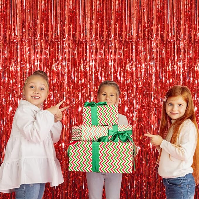 GOER 3.2 ft x 9.8 ft Metallic Tinsel Foil Fringe Curtains Party Photo Backdrop Party Streamers for Birthday,Graduation,New Year Eve Decorations Wedding Decor (5 Packs,Red)