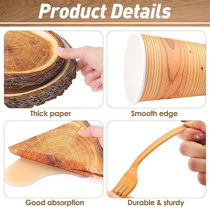 Kochorie 144 Pieces Rustic Wood Party Supplies, Wood Grain Slice Tableware Sets Including Disposable Paper Plates Napkins Cups Forks Serves 24 for Camping Birthday Forest Themed Party Decorations