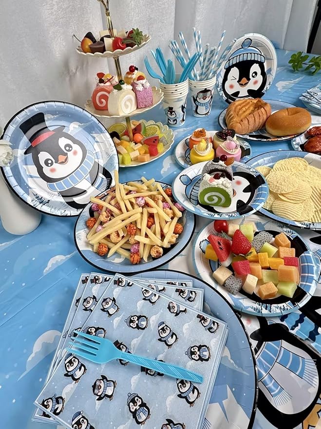 Winter Penguin Party Supplies Set, 141 Pieces Birthday Decorations with Plates, Cups, Tablecloth, Banner, Blue and White Theme Pack for 20 Guests