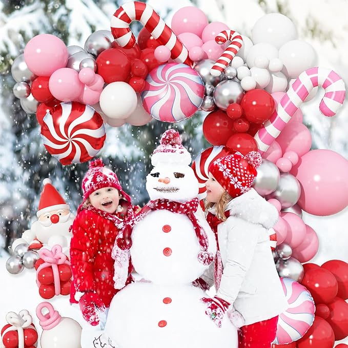 Christmas Balloon Arch 147 Pcs Red Pink White Silver Latex Balloons Garland Kit Pink Red Xmas Candy Cane Foil Balloon for Merry Christmas Birthday Baby Shower Holiday New Year Party Decoration