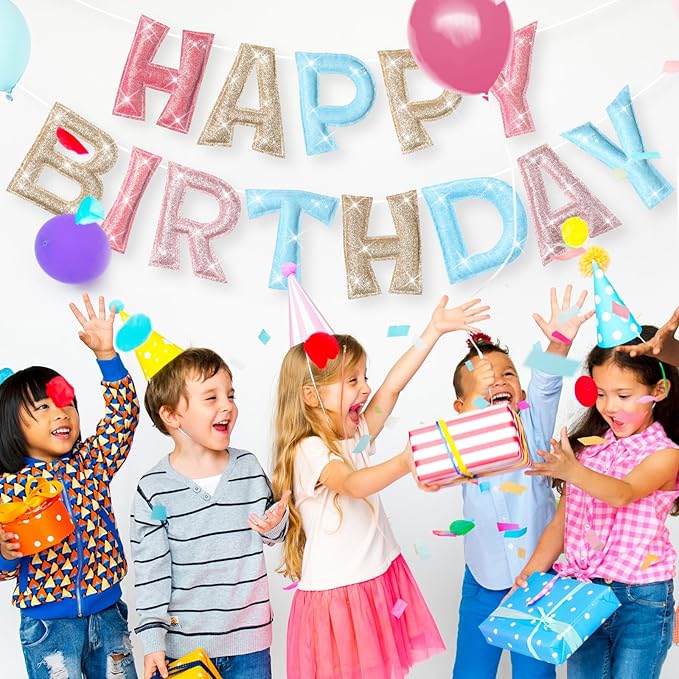 Tegeme Felt Happy Birthday Banner, Pre-strung Glitter Pastel Happy Birthday Garland Reusable Mini Colorful Rainbow Decoration for Woman, Man Party Photo Prop