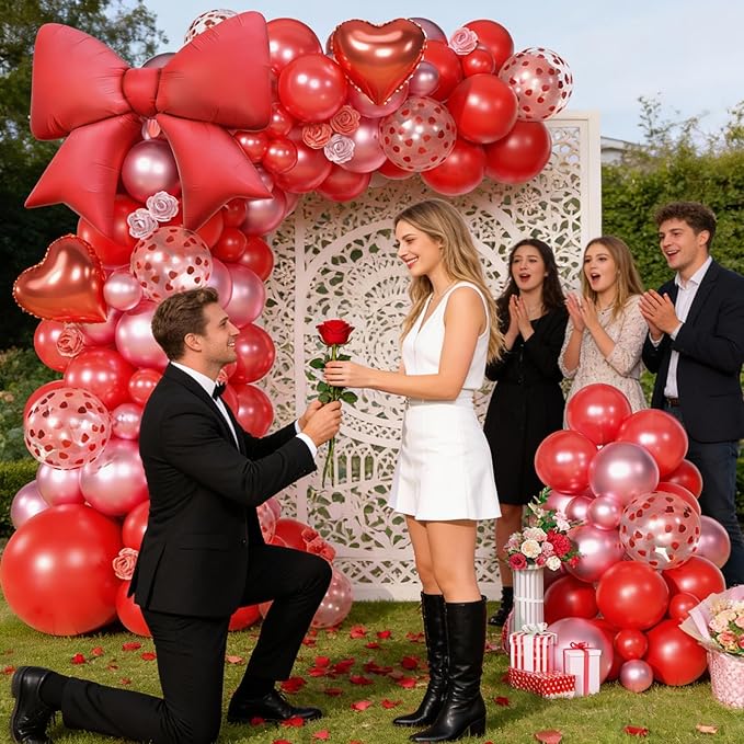 Red Balloons Arch Kit, Metallic Red Pearl Balloon Valentine Garland Arch, Heart Confetti Balloons Bow Heart Love Foil Balloon For Valentine's Day Birthday Baby Shower Party Wedding Engagement Decor