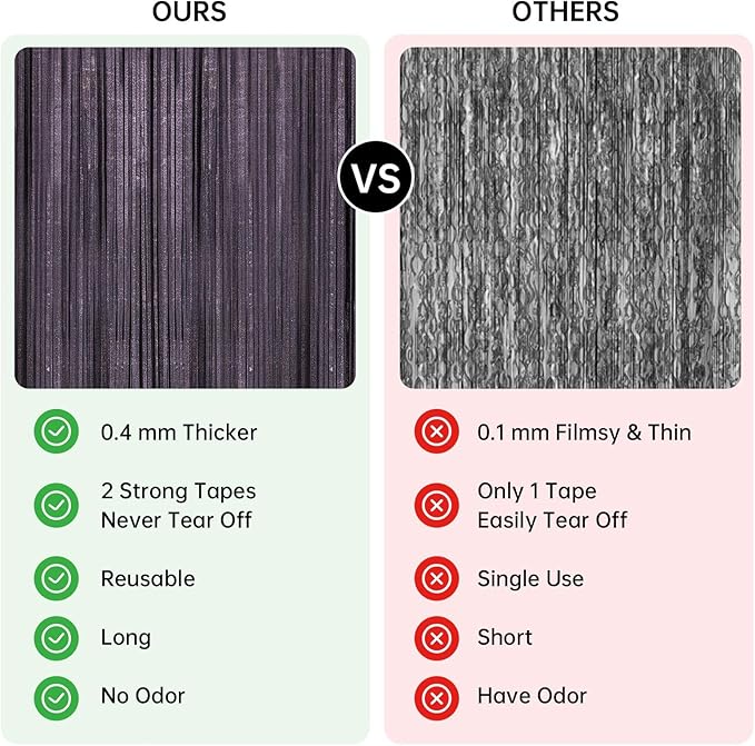 2 Pack 3.3 x 8.2 ft Tinsel Foil Fringe Curtain Backdrop, Upgraded Black Glitter Metallic Streamers Backdrop Curtains for Birthday, Graduation Prom, Halloween, Hoilday Themed Party Decorations