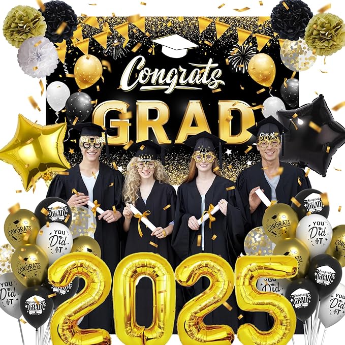 Graduation Party Decorations Black Gold, Graduation Decorations Class of 2025 with Backdrop, Graduations Party Balloons, 2025 Number Balloons, Grad Eyeglasses for Grad Party Supplies 2025