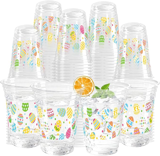 100 Pcs Easter Plastic Cups, 16 Oz Colorful Eggs Disposable Clear Party Cups for Spring Easter Party Decoration Supplies Cold Drinking Beverage Ice Cream Snacks
