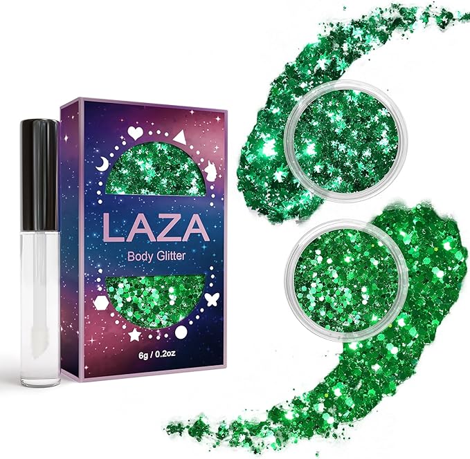 Laza 2 Jars St. Patrick’s Day Body Glitter Iridescent Chunky Sequins with Glitter Glue Women Eyeshadow Makeup Face Paint Festival Rave Outfits Hair Accessories Carnival Party Costumes - Lush Clove