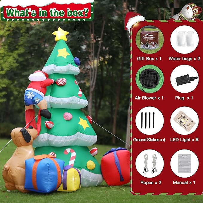 7FT Christmas Inflatable Tree Giant with Dog Bite Santa Claus 3 Wrapped Gift Boxes, Bright LED Lights Christmas Outdoor Decorations Blow Up Decor for Xmas Indoor Party Yard Patio Garden Lawn