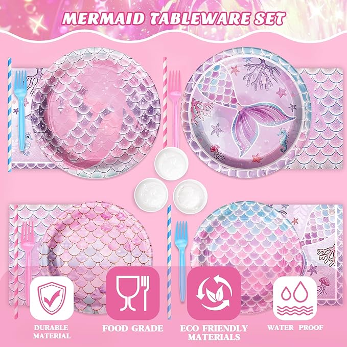 300Pcs Mermaid Plates and Napkins Tableware Sets (Serve 50), Mermaid Party Supplies (Blending 2 Designs ), Including Plates Napkins Cups Straws and Forks, Party Decorations