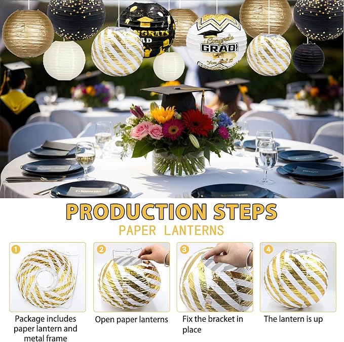 ADLKGG Graduation Paper Lanterns Party Decorations, Black and Gold Hanging Paper Lanterns for Class of 2025 Decorations, Congratulation Graduation Party Supplies, School, Home, Car Grad Decor, 16PCSs