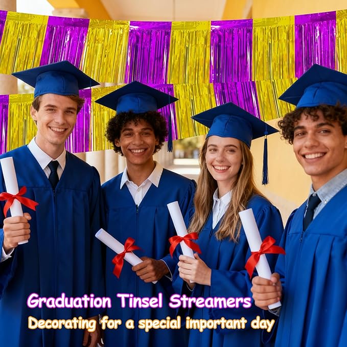 4 Packs Total 39 Ft Graduation Parade Floats for Trailer Car, Purple Gold Foil Fringe Garland Tinsel Streamers Banner Table Skirts for Graduation Homecoming Birthday Party (Purple Gold)