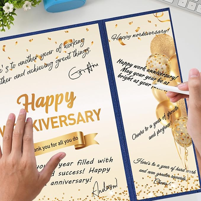 DARUNAXY Blue Gold Happy Workiversary Party Decorations, Happy Work Anniversary Alternative Signature Guest Book for Men Women Employee Business Gifts Signing Card Board for Office Supplies