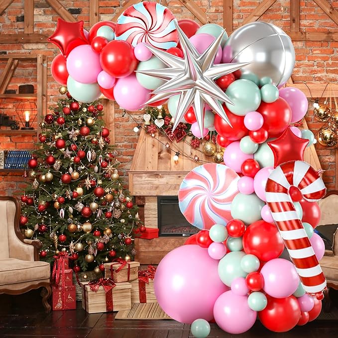 Christmas Balloon Garland Arch Kit, 107PCS Red Pink Green Balloons Arch with 4D Silver Balloon, Xmas Candy Cane Windmill Silver Explosion Star Foil Balloons for Christmas New Year Party Supply