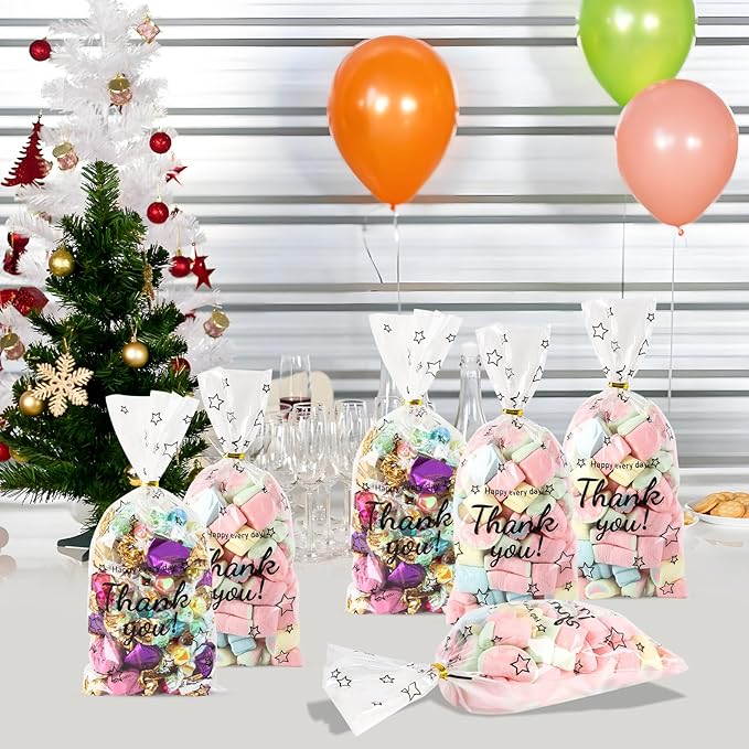 Docvania Cellophane Treat Gift Bags Thank You Printed Cookie Bags 100 pcs 5 X 11 Gift Bag with Ties for Mother's Day, Thanksgiving and Christmas