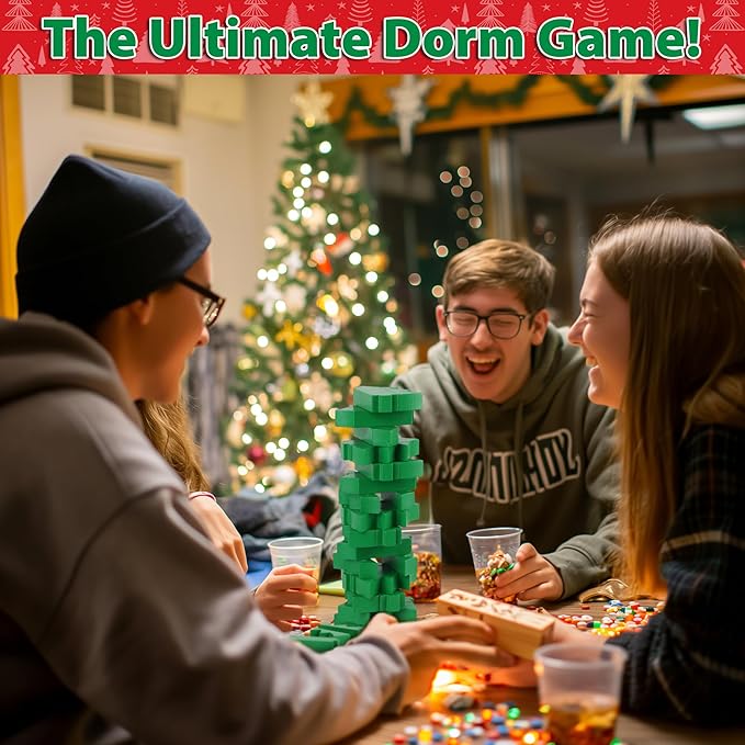 Funwares Christmas Tree Stack-Up, Wooden Blocks Stacking Game, Tumbling Tower, Family & Party Fun, Kids and Adults, Holiday Decoration, Ages 6+