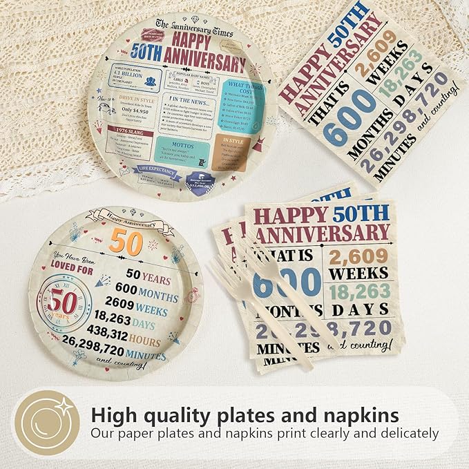 96Pcs 50th Anniversary Party Decorations Retro 50 Years Plates and Napkins 50th Anniversary Disposable Tableware Set for Vintage 50 Year Wedding Company Party Supplies Serves 24