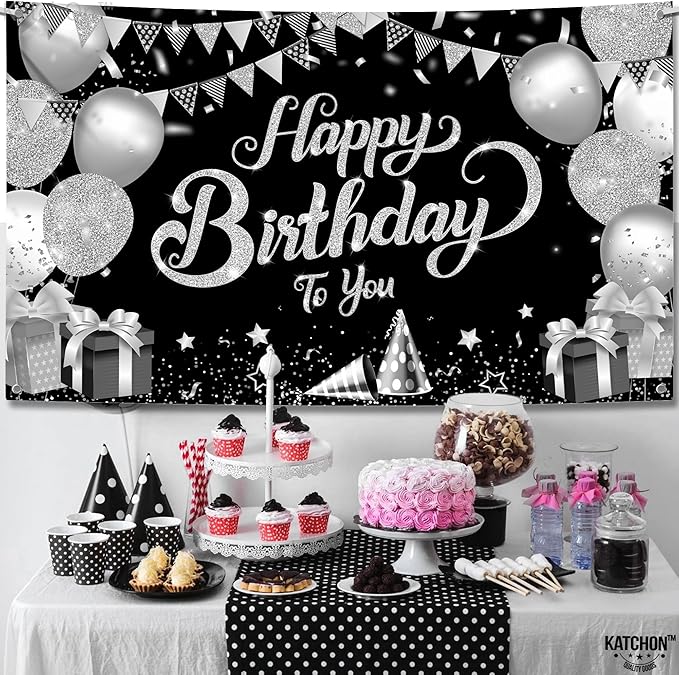 KatchOn, Silver Happy Birthday Banner - Large, 72x44 Inch | Happy Birthday Decorations for Men, Women, Boys and Girls | Birthday Backdrop For Silver Party Decorations