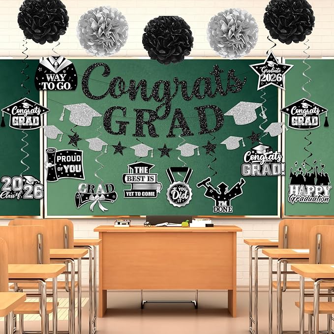 Graduation Decorations 2026, Glitter Congrats Grad Banner Hanging Swirls and Tissue Pom Poms, Black and Silver Graduation Decorations for Class of 2026 College Graduations Party Decorations