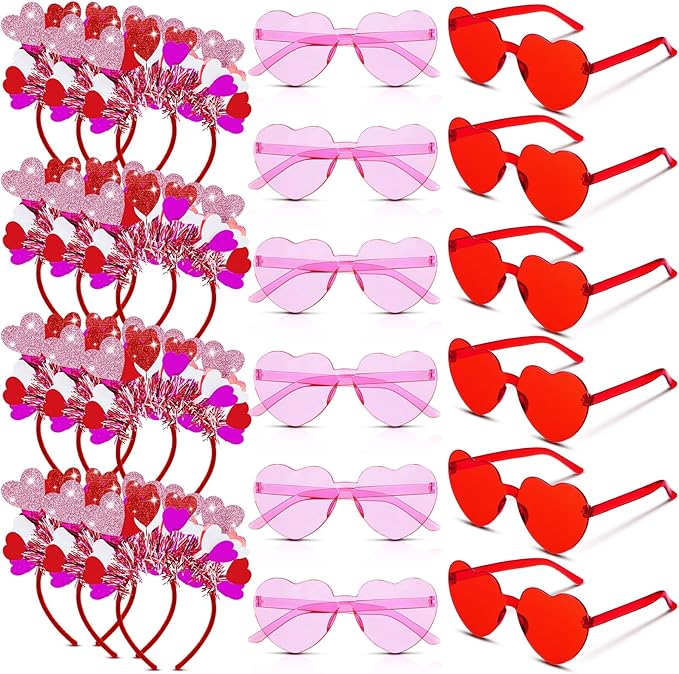 Jutom 24 Pieces Valentines Heart Headbands and Glasses Love Shaped Head Boppers Sunglasses for Adults Galentine's Supplies(Latest Style)