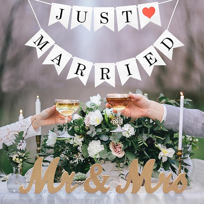 Mr & Mrs Wooden Letters, Just Married Banner, Head Table Wedding Decor - Anniversary, Valentine's Day, Vintage (Wood Color With Banner)