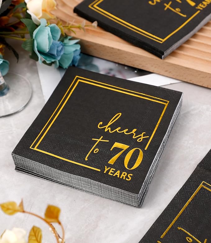 Cheers to Years Cocktail Napkins - 50 PK - 3-Ply Birthday Napkins 5x5 Inches Disposable Party Napkins Beverage Paper Napkins or Birthday Decorations Wedding Anniversary Black and Gold (70 Years)