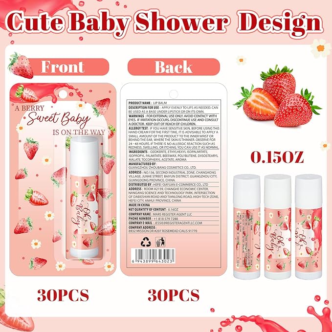 30 Pack Sweet Strawberry Baby Shower Games Prizes Party Gifts Bulk Lip Balms Favors for Winners Adults Guests Gender Reveal Favors Decorations Baby Shower Souvenirs Gift Bags Stuffers