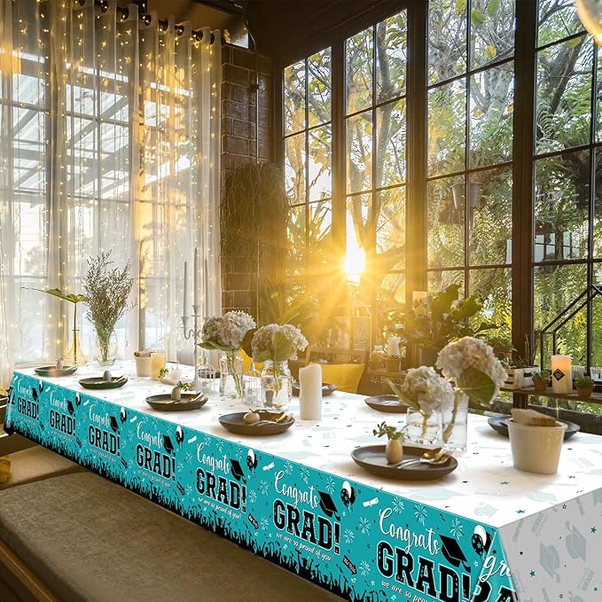 3 Pack Graduation Tablecloth Party Decorations, Class of 2026 Congrats Grad Plastic Tablecover Party Supplies, Teal Rectangle Graduation Table Decorations for College High School, 54 x 108 Inch