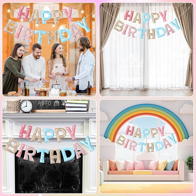 Tegeme Felt Happy Birthday Banner, Pre-strung Glitter Pastel Happy Birthday Garland Reusable Mini Colorful Rainbow Decoration for Woman, Man Party Photo Prop